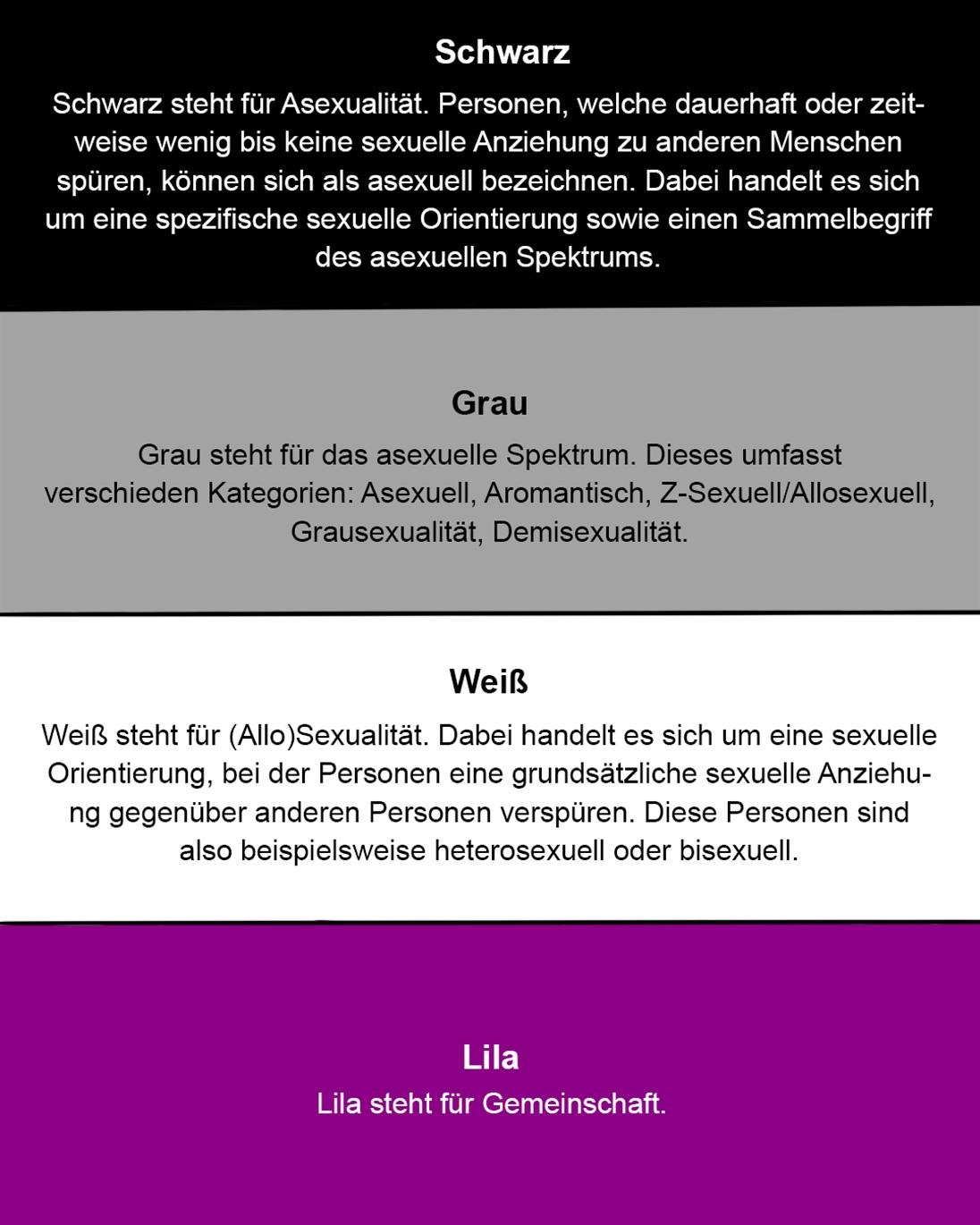 Das Bild ist in von oben nach unten in vier gleich große Teile aufgeteilt. Jeder Teilhat dabei eine andere Farbe. Von oben nach unten: Schwarz, garu, weiß, lila.
Diese Farben stehen für die Asexuelle und Demisexuelle Pride-Flag. 
In den jeweiligen Farbteilen, steht eine Erklärung zu der Farbe: 

Schwarz: Schwarz steht für Asexualität. Personen, welche dauerhaft oder zeitweise wenig bis keine sexuelle Anziehung zu anderen Menschen spüren, können sich als asexuell bezeichnen. Dabei handelt es sich um eine spezifische sexuelle Orientierung sowie einen Sammelbegriff des asexuellen Spektrums. 

Grau: Grau steht für das asexuelle Spektrum. Dieses umfasst 
verschieden Kategorien: Asexuell, Aromantisch, Z-Sexuell/Allosexuell, Grausexualität, Demisexualität. 

Weiß: Weiß steht für (Allo)Sexualität. Dabei handelt es sich um eine sexuelle Orientierung, bei der Personen eine grundsätzliche sexuelle Anziehung gegenüber anderen Personen verspüren. Diese Personen sind also beispielsweise heterosexuell oder bisexuell. 

Lila: Lila steht für Gemeinschaft. 
